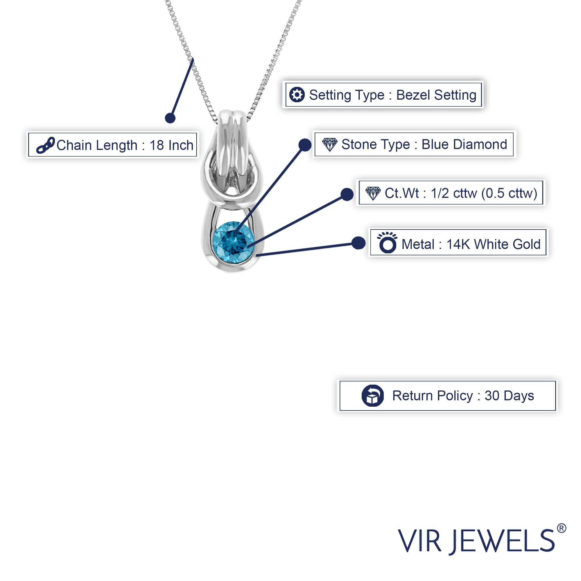 1/2 cttw Blue Diamond Pendant, Blue Diamond Solitaire Knot Pendant Necklace for Women in 14K White Gold with 18 Inch Chain, Bezel Setting