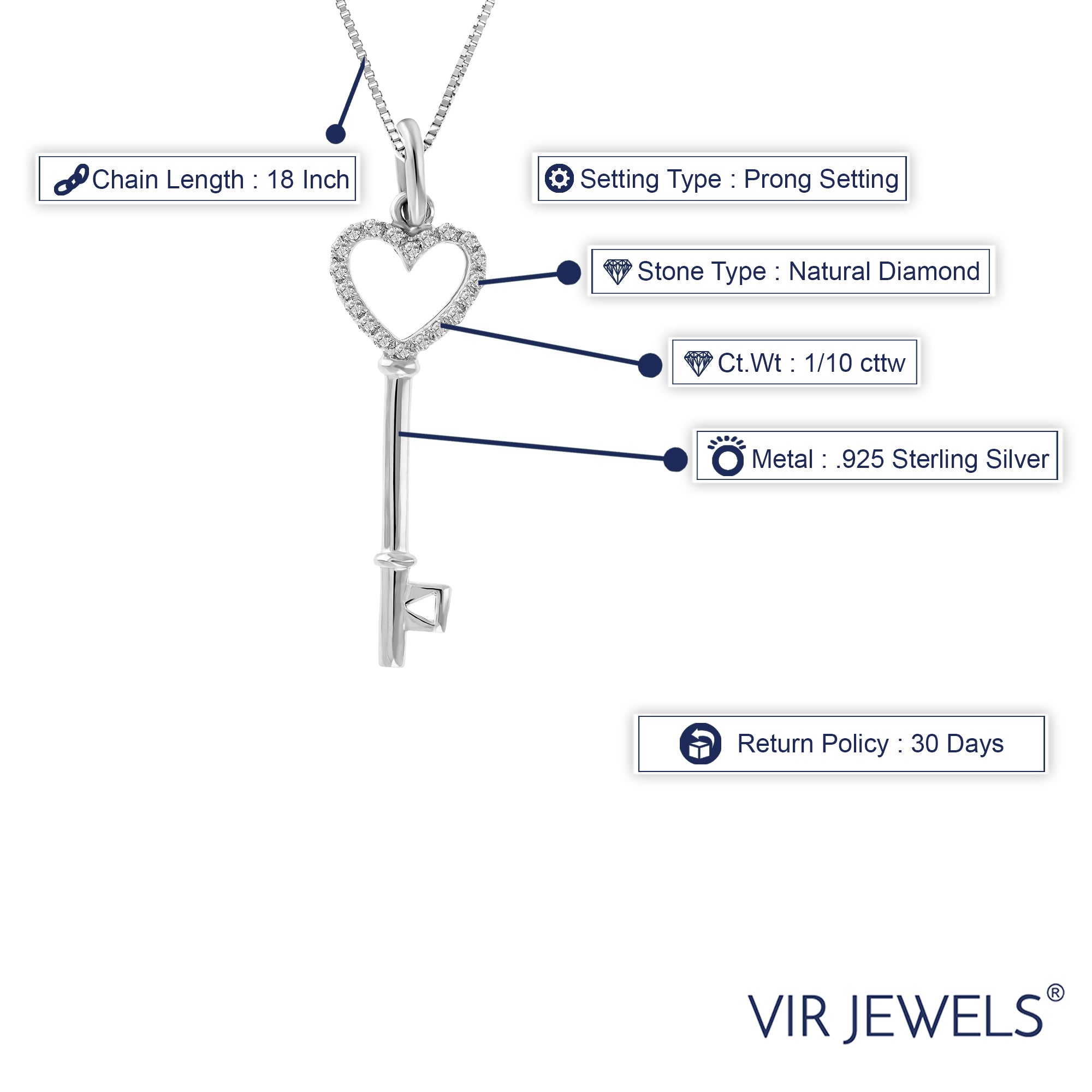 1/10 cttw Diamond Pendant, Diamond Key Pendant Necklace for Women in .925 Sterling Silver with Rhodium, 18 Inch Chain, Prong Setting