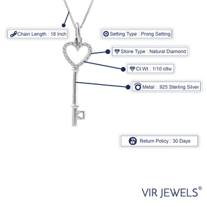1/10 cttw Diamond Pendant, Diamond Key Pendant Necklace for Women in .925 Sterling Silver with Rhodium, 18 Inch Chain, Prong Setting