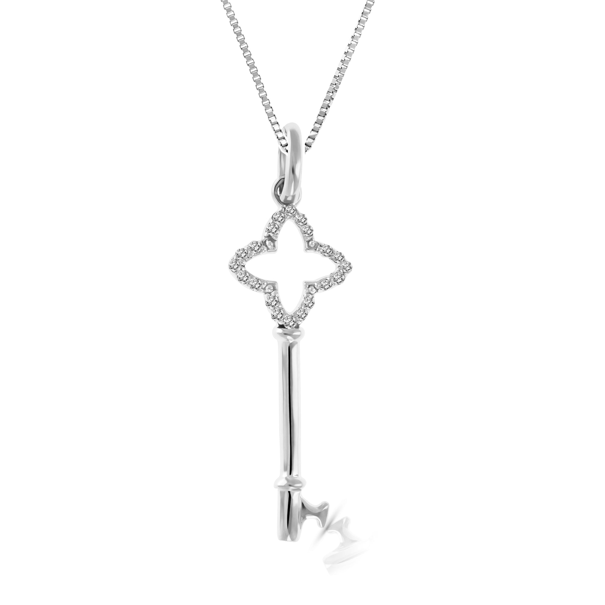 1/10 cttw Diamond Pendant, Diamond Clover Key Pendant Necklace for Women in .925 Sterling Silver with Rhodium, 18 Inch Chain, Prong Setting