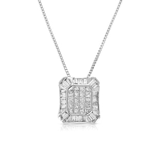 1/2 cttw Diamond Pendant, princess and Baguette Diamond Composite Pendant Necklace for Women in 14K White Gold with 18 Inch Chain, Prong Setting