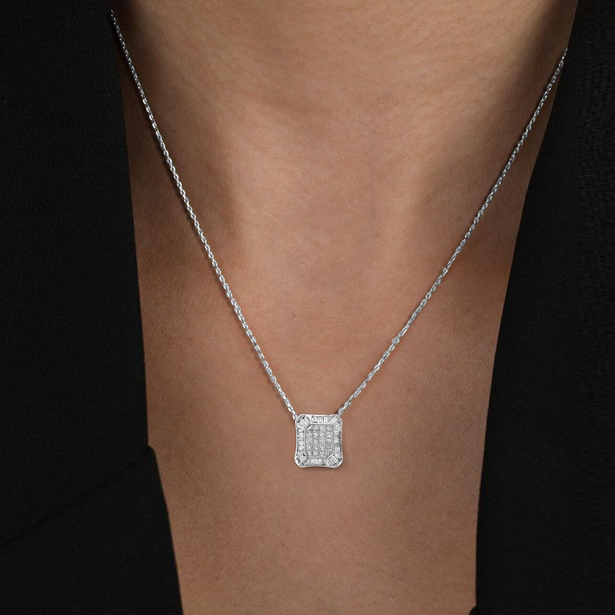 1/2 cttw Diamond Pendant, princess and Baguette Diamond Composite Pendant Necklace for Women in 14K White Gold with 18 Inch Chain, Prong Setting