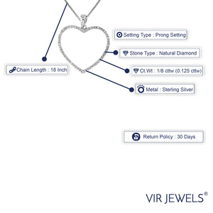 1/8 cttw Diamond Pendant, Diamond Heart Pendant Necklace for Women in .925 Sterling Silver with Rhodium, 18 Inch Chain, Prong Setting