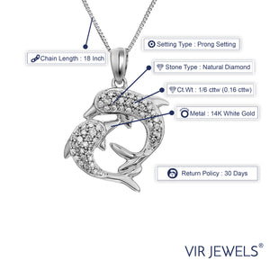 1/6 cttw Diamond Dolphin Pendant Necklace 14K White Gold with 18 Inch Chain
