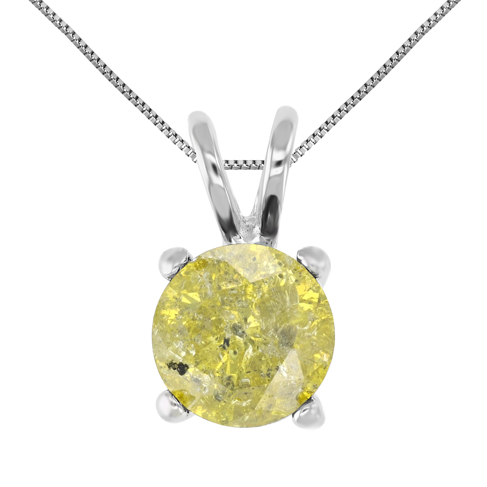 1.50 cttw Diamond Pendant, Yellow Diamond Solitaire Pendant Necklace for Women in 14K White Gold with 18 Inch Chain, Prong Setting