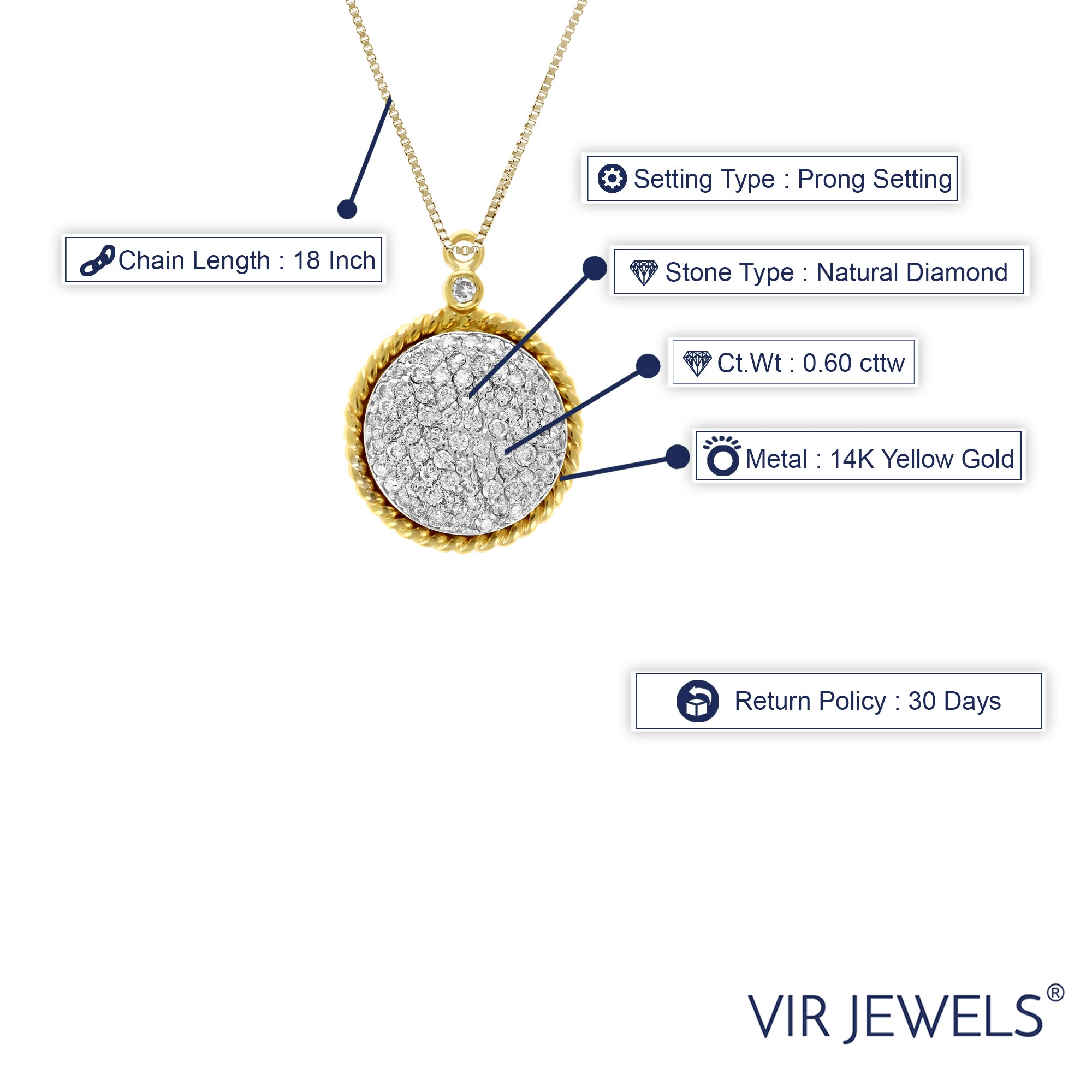 0.60 cttw Diamond Pendant, Diamond Circle Composite Pendant Necklace for Women in 14K Yellow Gold with 18 Inch Chain, Prong Setting