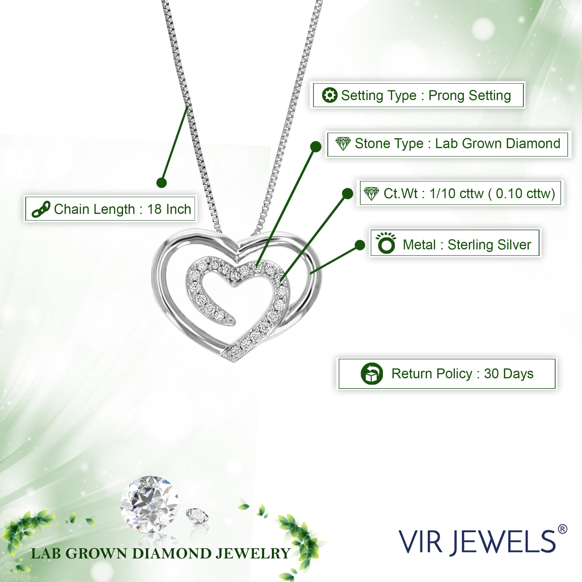 1/10 cttw Diamond Pendant Necklace for Women, Lab Grown Diamond Heart Pendant Necklace in .925 Sterling Silver with Chain, Size 1/2 Inch
