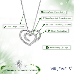 1/10 cttw Diamond Pendant Necklace for Women, Lab Grown Diamond Heart Pendant Necklace in .925 Sterling Silver with Chain, Size 1/2 Inch