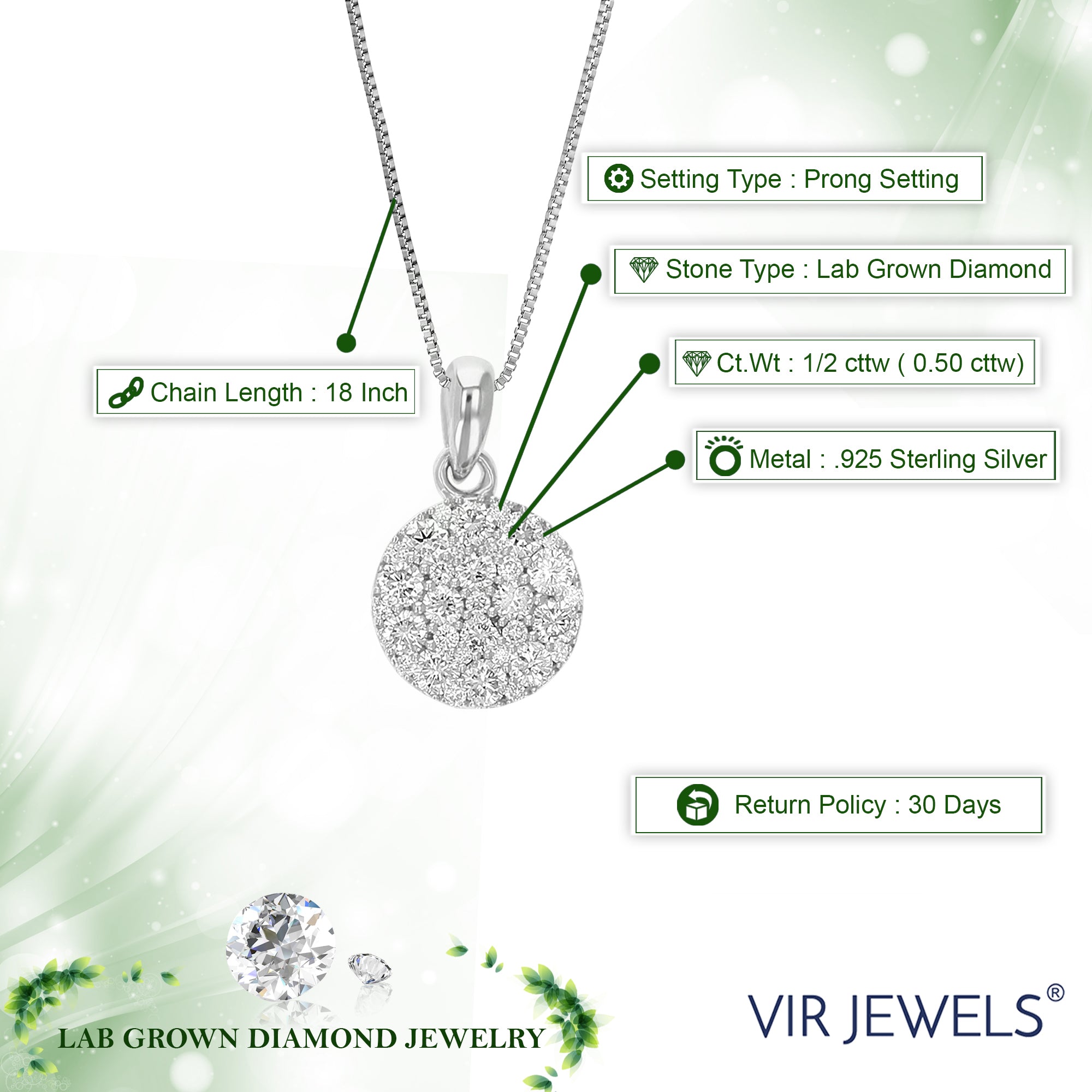 1 2 cttw Lab Created Diamond Cluster Pendant Necklace Sterling