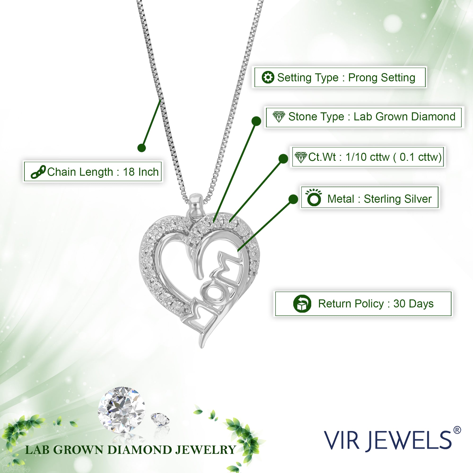 1/10 cttw Diamond Pendant Necklace for Women, Lab Grown Diamond Pendant Necklace in .925 Sterling Silver with Chain, Size 1/2 Inch