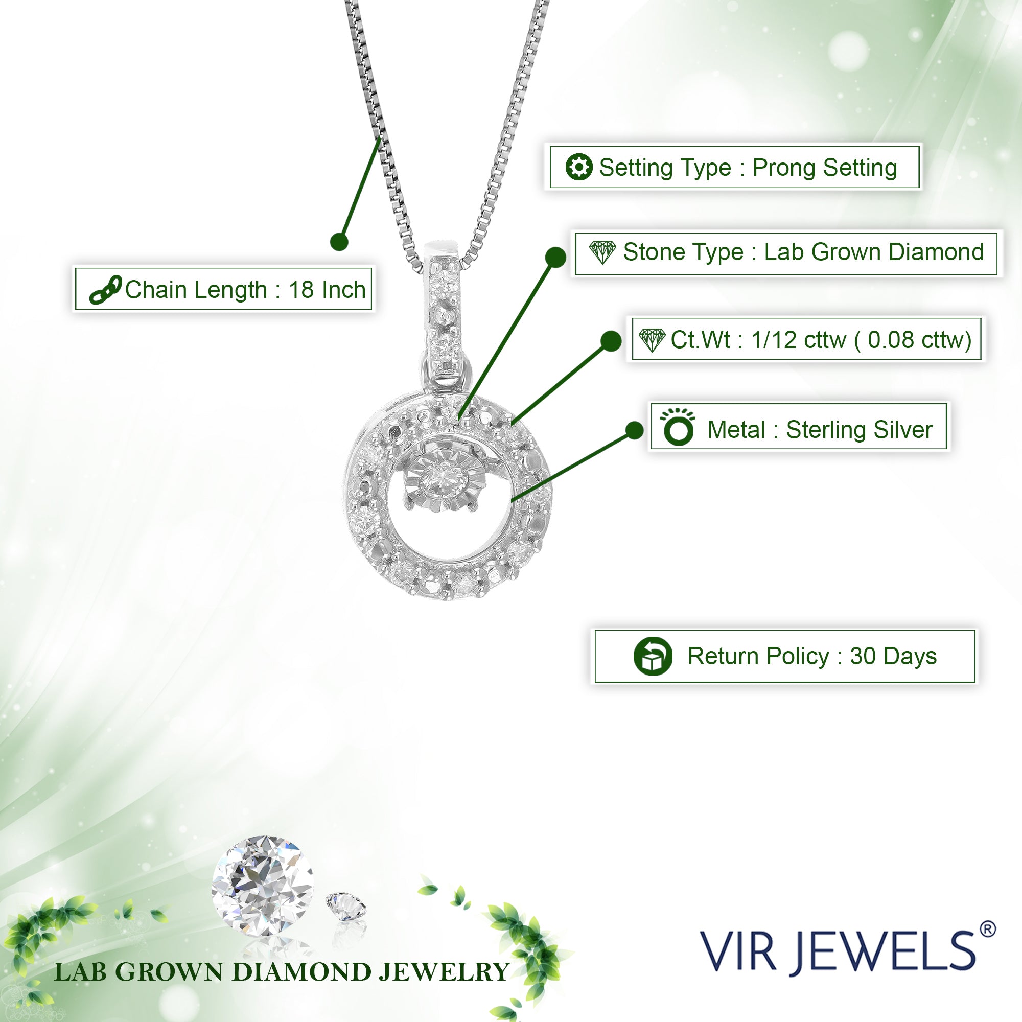 1/12 cttw Diamond Pendant Necklace for Women, Lab Grown Diamond Round Pendant Necklace in .925 Sterling Silver with Chain, Size 1/2 Inch