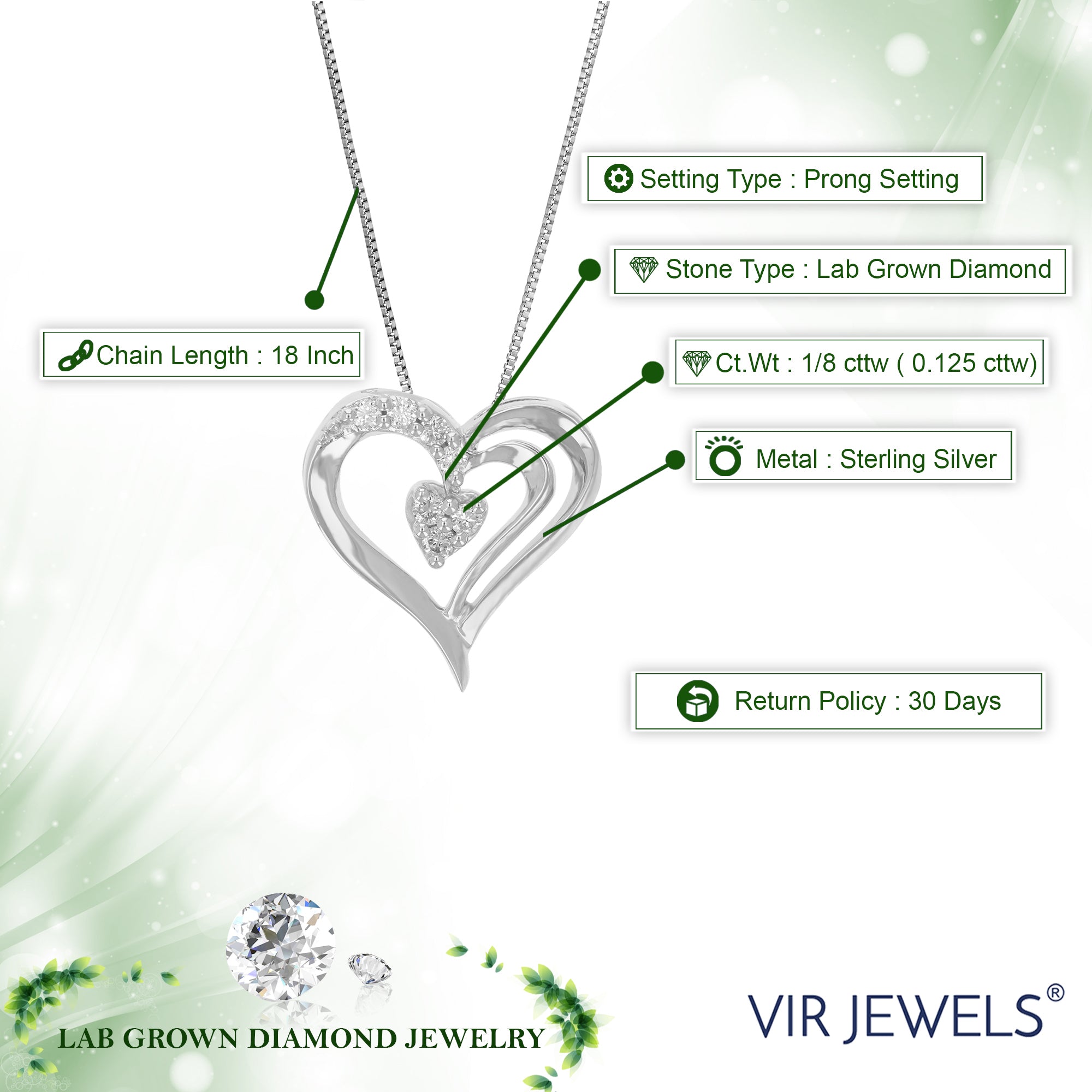 1/8 cttw Diamond Pendant Necklace for Women, Lab Grown Diamond Heart Pendant Necklace in .925 Sterling Silver with Chain, Size 1/2 Inch
