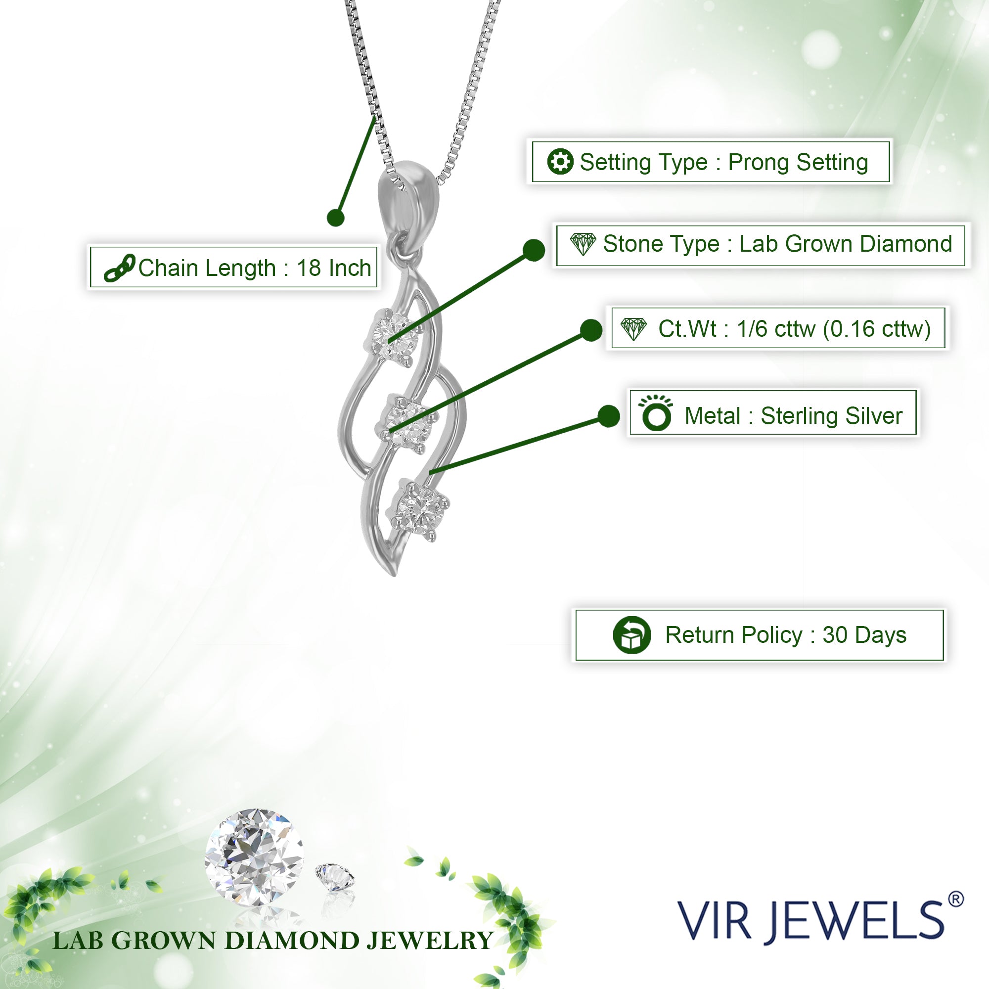 1/6 cttw Diamond Pendant Necklace for Women, Lab Grown Diamond Pendant Necklace in .925 Sterling Silver with Chain, Size 3/4 Inch