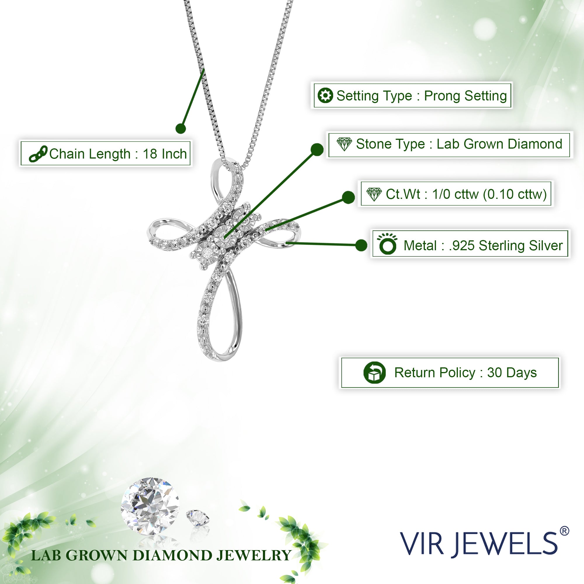 1/10 cttw 12 Stones Lab Grown Diamond Cross Pendant Necklace .925 Sterling Silver 2/3 Inch with 18 Inch Chain, Size 3/4 Inch