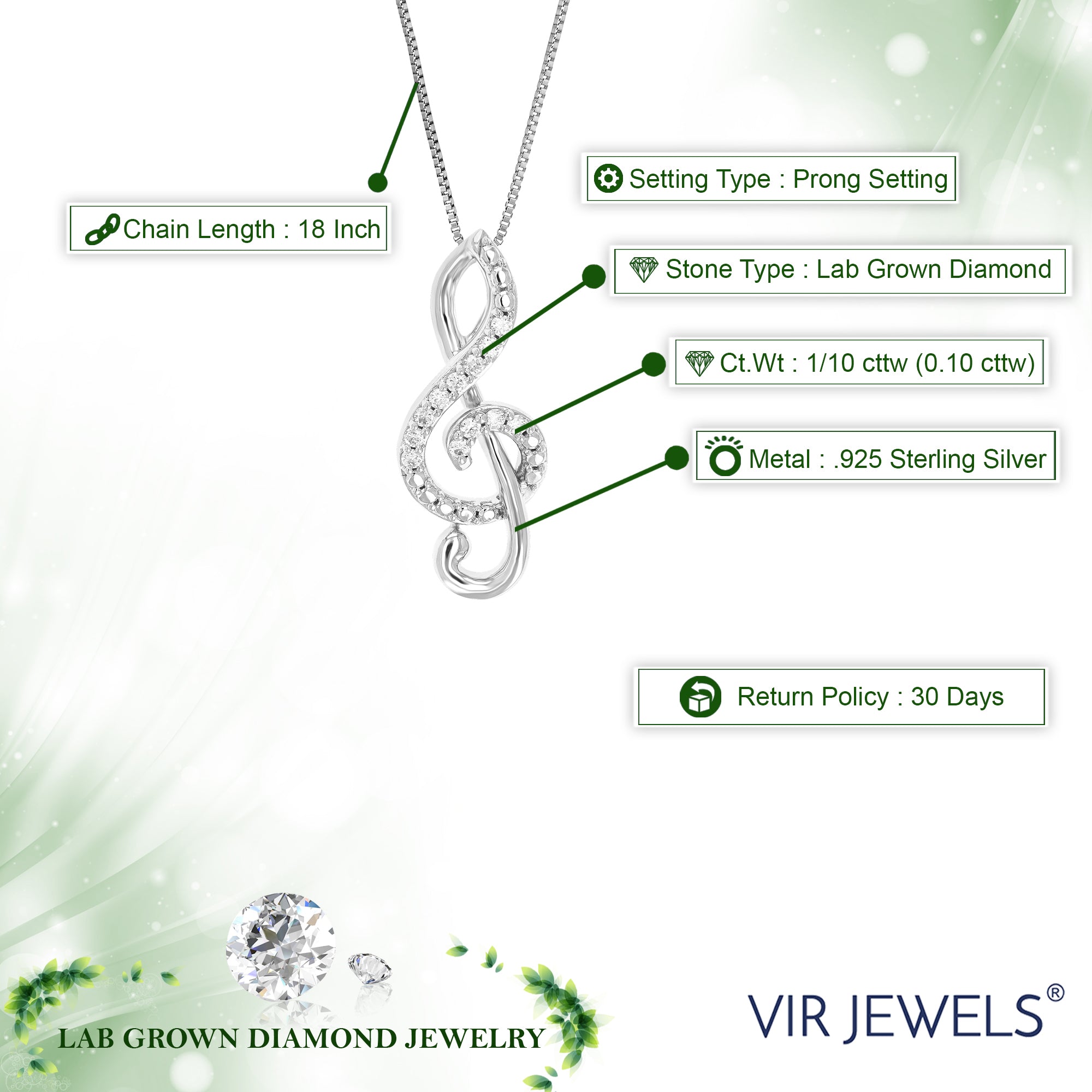 1/10 cttw Diamond Pendant Necklace for Women, Lab Grown Diamond Music Pendant Necklace in .925 Sterling Silver with Chain, Size 1 Inch