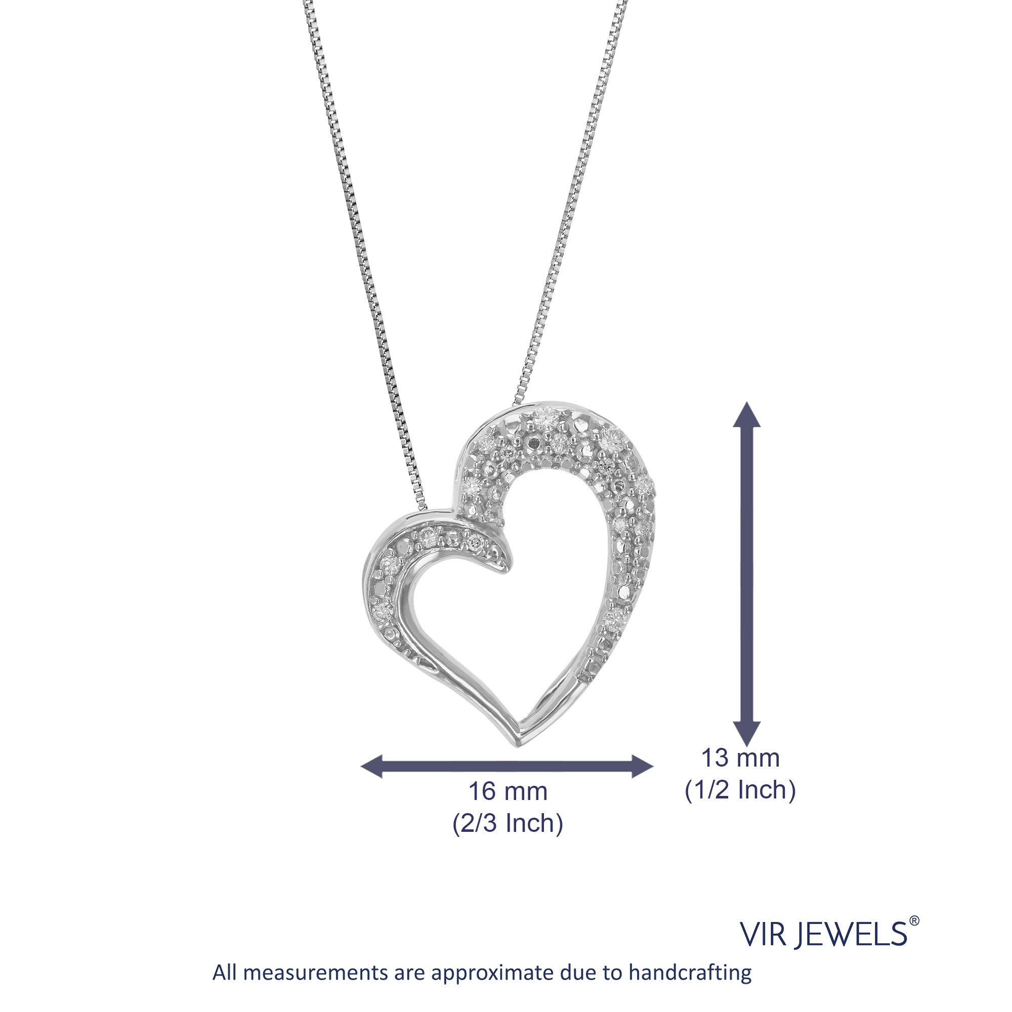 1/10 cttw Diamond Pendant Necklace for Women, Lab Grown Diamond Heart Pendant Necklace in .925 Sterling Silver with Chain, Size 3/4 Inch