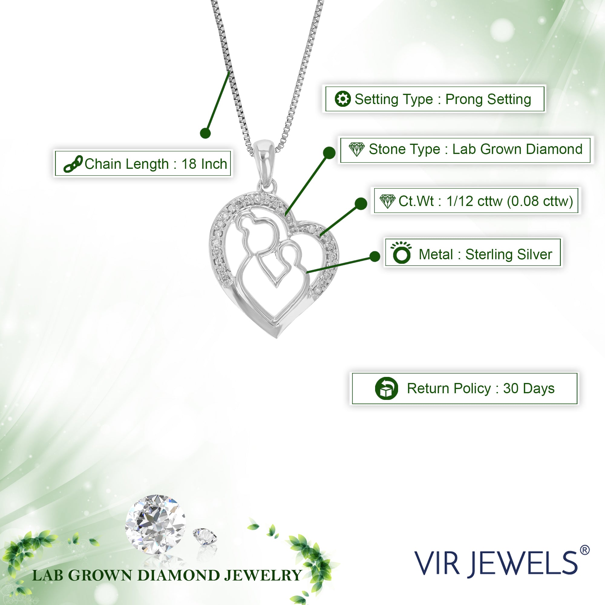 1/12 cttw Diamond Pendant Necklace for Women, Lab Grown Diamond Heart Pendant Necklace in .925 Sterling Silver with Chain, Size 3/4 Inch