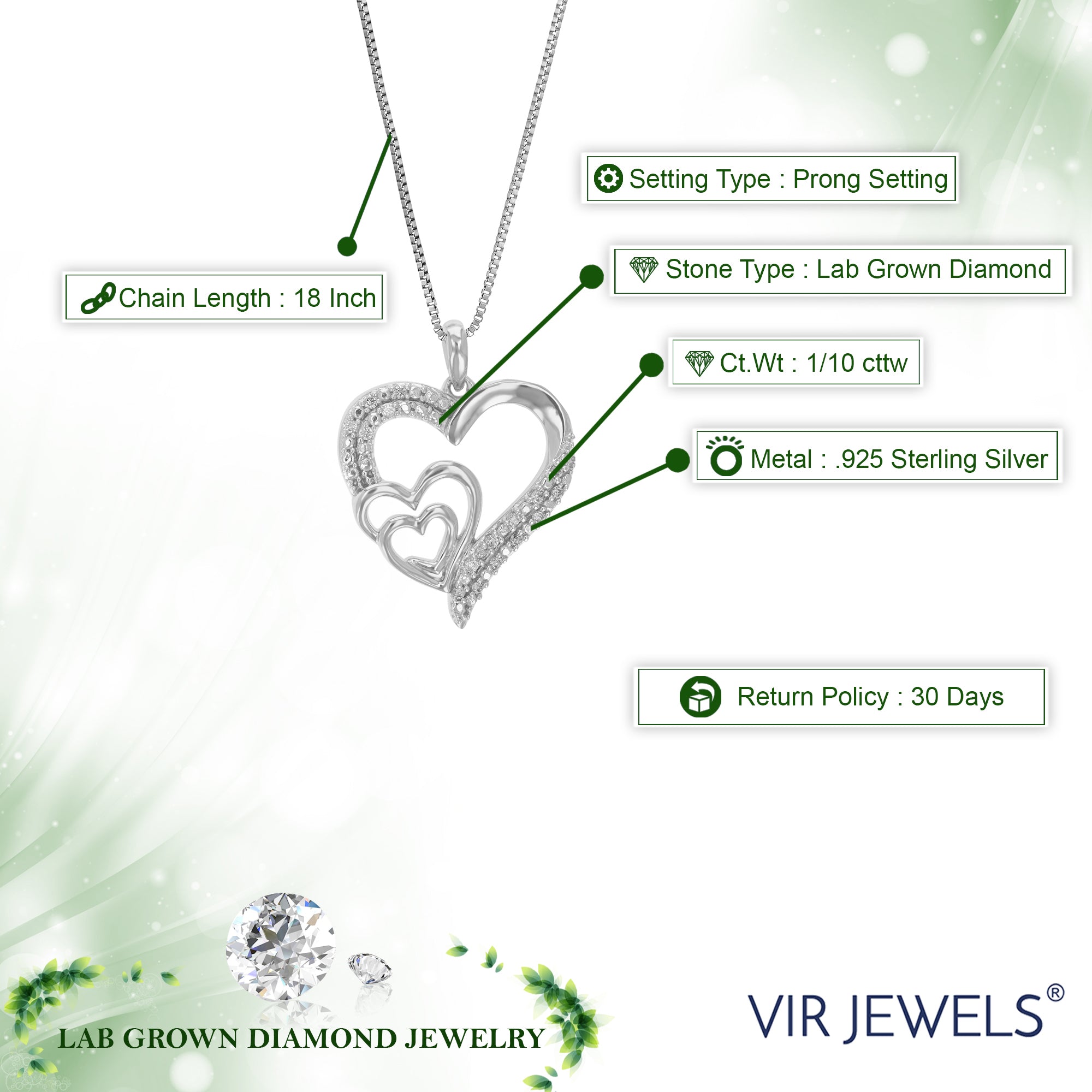 1/10 cttw Diamond Pendant Necklace for Women, Lab Grown Diamond Heart Pendant Necklace in .925 Sterling Silver with Chain, Size 3/4 Inch