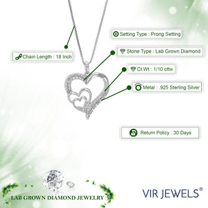 1/10 cttw Diamond Pendant Necklace for Women, Lab Grown Diamond Heart Pendant Necklace in .925 Sterling Silver with Chain, Size 3/4 Inch