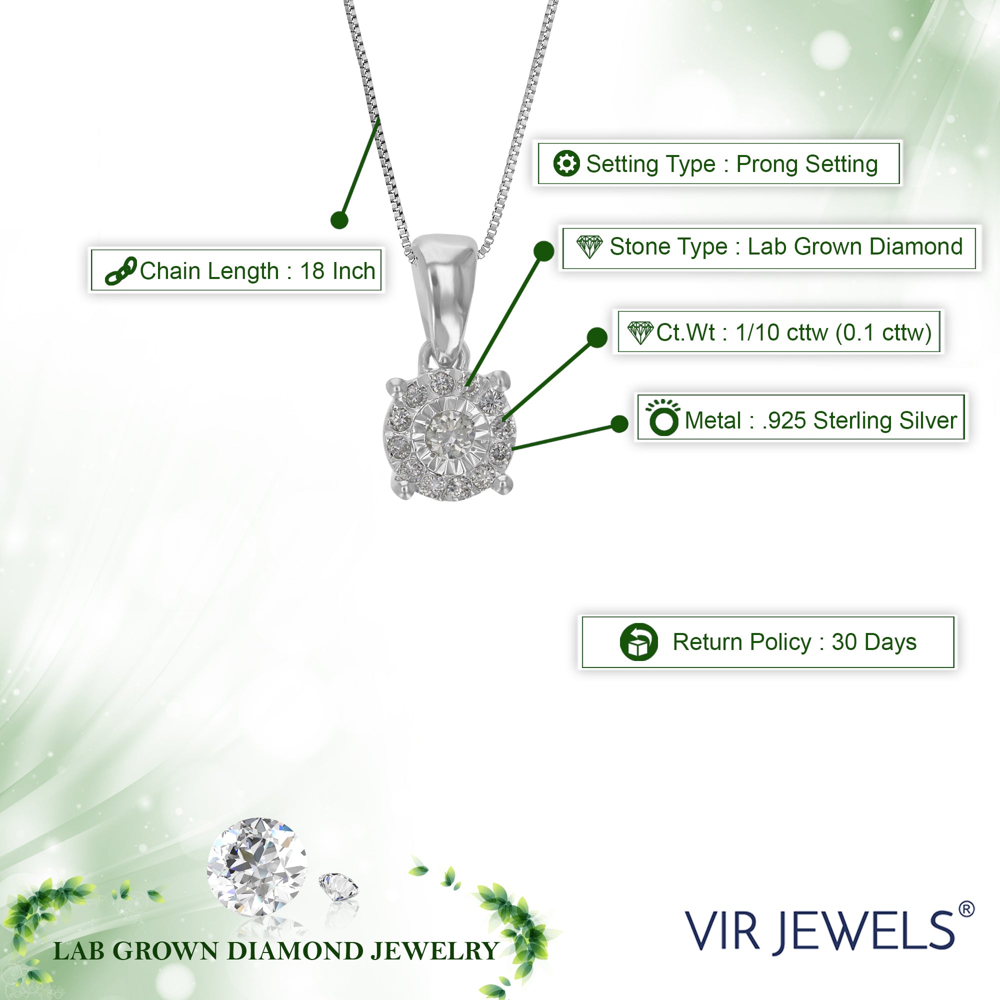 1/10 cttw Diamond Pendant Necklace for Women, Lab Grown Diamond Round Pendant Necklace in .925 Sterling Silver with Chain, Size 1/2 Inch