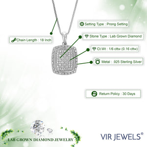 1/6 cttw Diamond Pendant Necklace for Women, Lab Grown Diamond Square Pendant Necklace in .925 Sterling Silver with Chain, Size 3/4 Inch