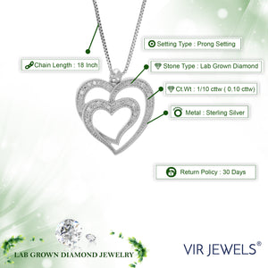 1/10 cttw Diamond Pendant Necklace for Women, Lab Grown Diamond Heart Pendant Necklace in .925 Sterling Silver with Chain, Size 3/4 Inch