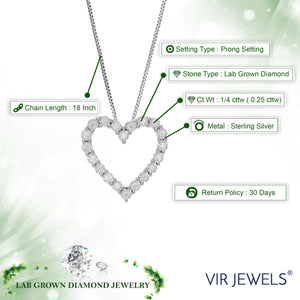 1/4 cttw Diamond Pendant Necklace for Women, Lab Grown Diamond Heart Pendant Necklace in .925 Sterling Silver with Chain, Size 2/3 Inch