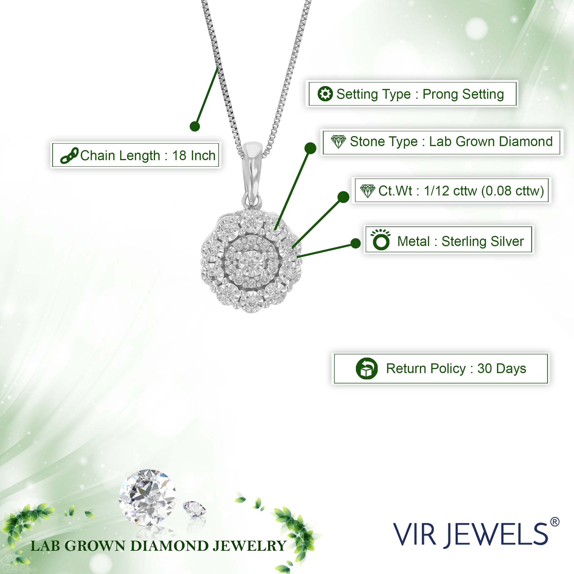 1/12 cttw Diamond Pendant Necklace for Women, Lab Grown Diamond Pendant Necklace in .925 Sterling Silver with Chain, Size 1/2 Inch