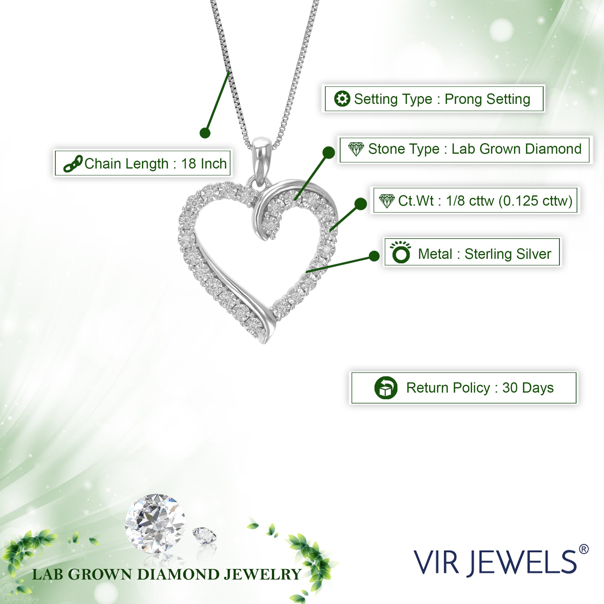 1/8 cttw Diamond Pendant Necklace for Women, Lab Grown Diamond Heart Pendant Necklace in .925 Sterling Silver with Chain, Size 1 Inch