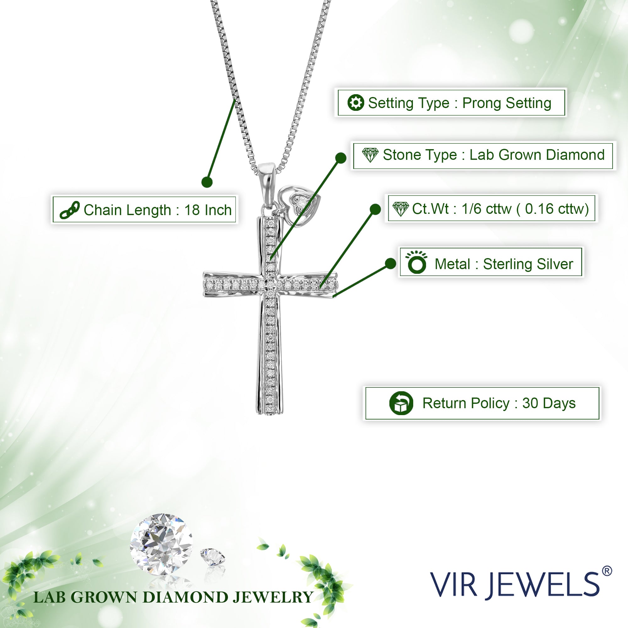 1/6 cttw Diamond Pendant Necklace for Women, Lab Grown Diamond Cross Pendant Necklace in .925 Sterling Silver with Chain, Size 1 1/4 Inch