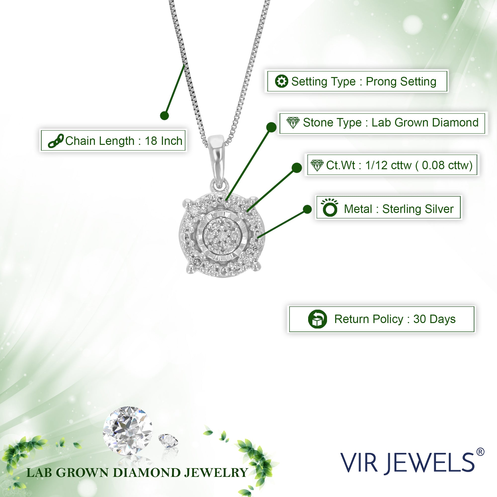 1/12 cttw Diamond Pendant Necklace for Women, Lab Grown Diamond Round Pendant Necklace in .925 Sterling Silver with Chain, Size 1/2 Inch