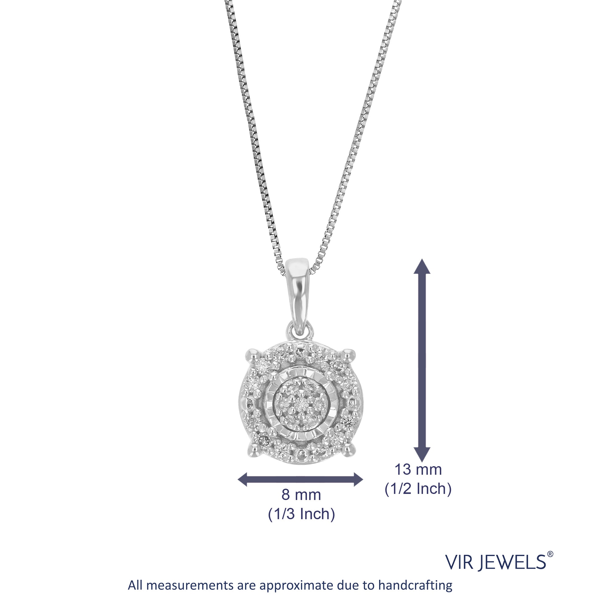 1/10 cttw Diamond Pendant Necklace for Women, Lab Grown Diamond Round Pendant Necklace in .925 Sterling Silver with Chain, Size 1/2 Inch