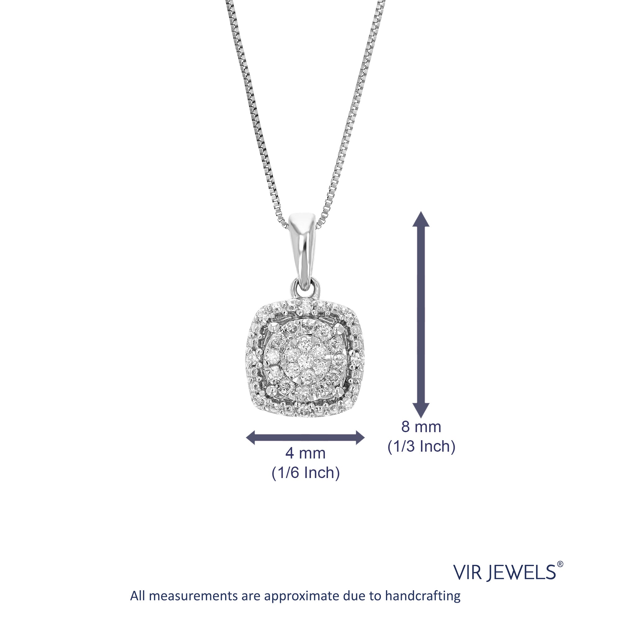 1/12 cttw Diamond Pendant Necklace for Women, Lab Grown Diamond Square Pendant Necklace in .925 Sterling Silver with Chain, Size 1/3 Inch