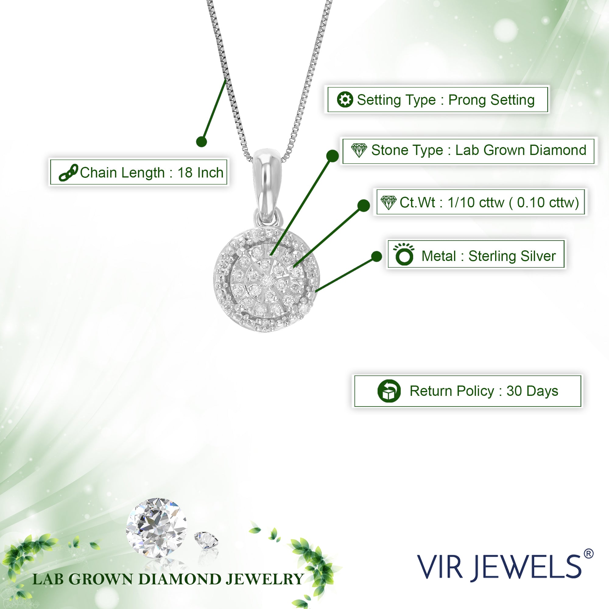 1/10 cttw Diamond Pendant Necklace for Women, Lab Grown Diamond Round Pendant Necklace in .925 Sterling Silver with Chain, Size 1/2 Inch