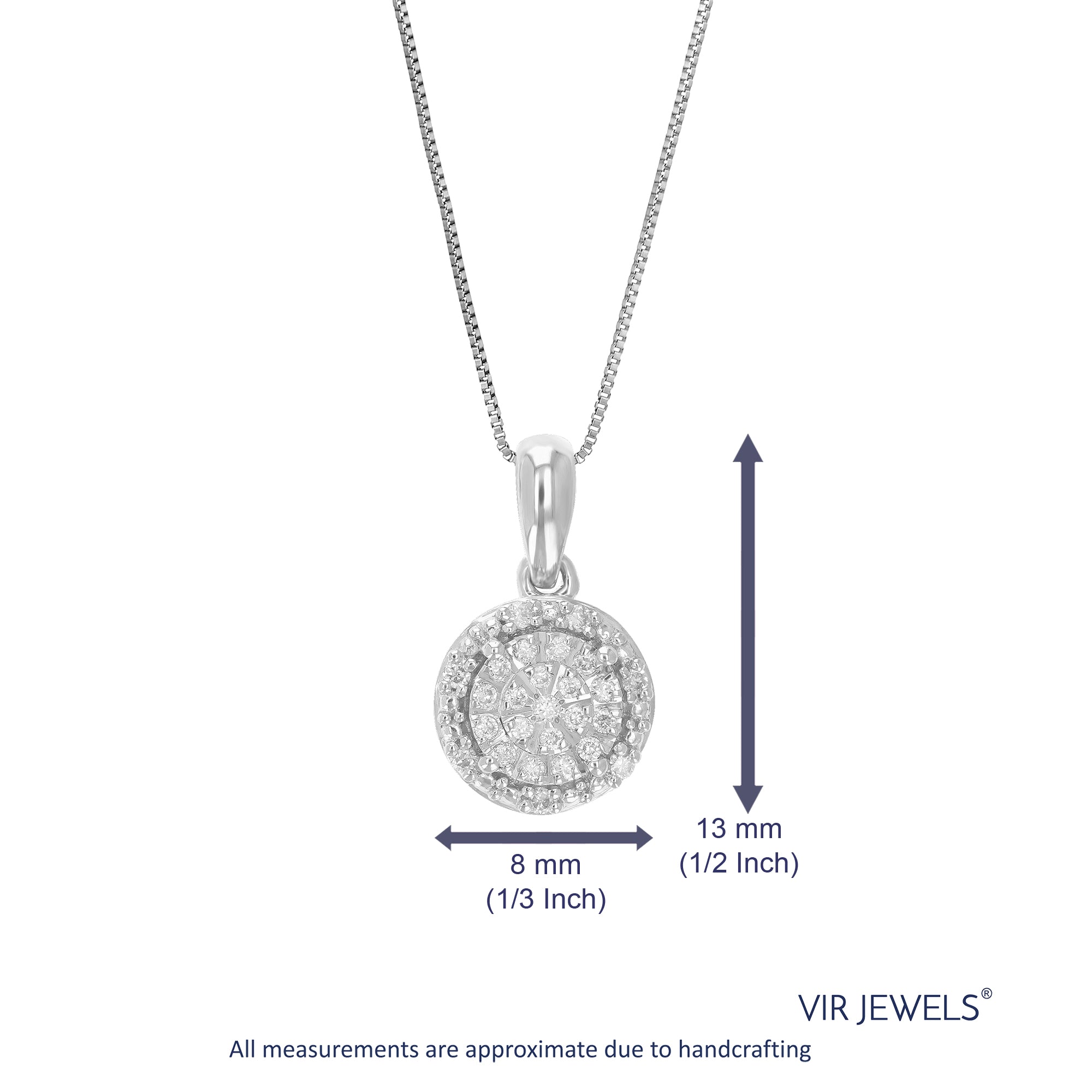 1/10 cttw Diamond Pendant Necklace for Women, Lab Grown Diamond Round Pendant Necklace in .925 Sterling Silver with Chain, Size 1/2 Inch