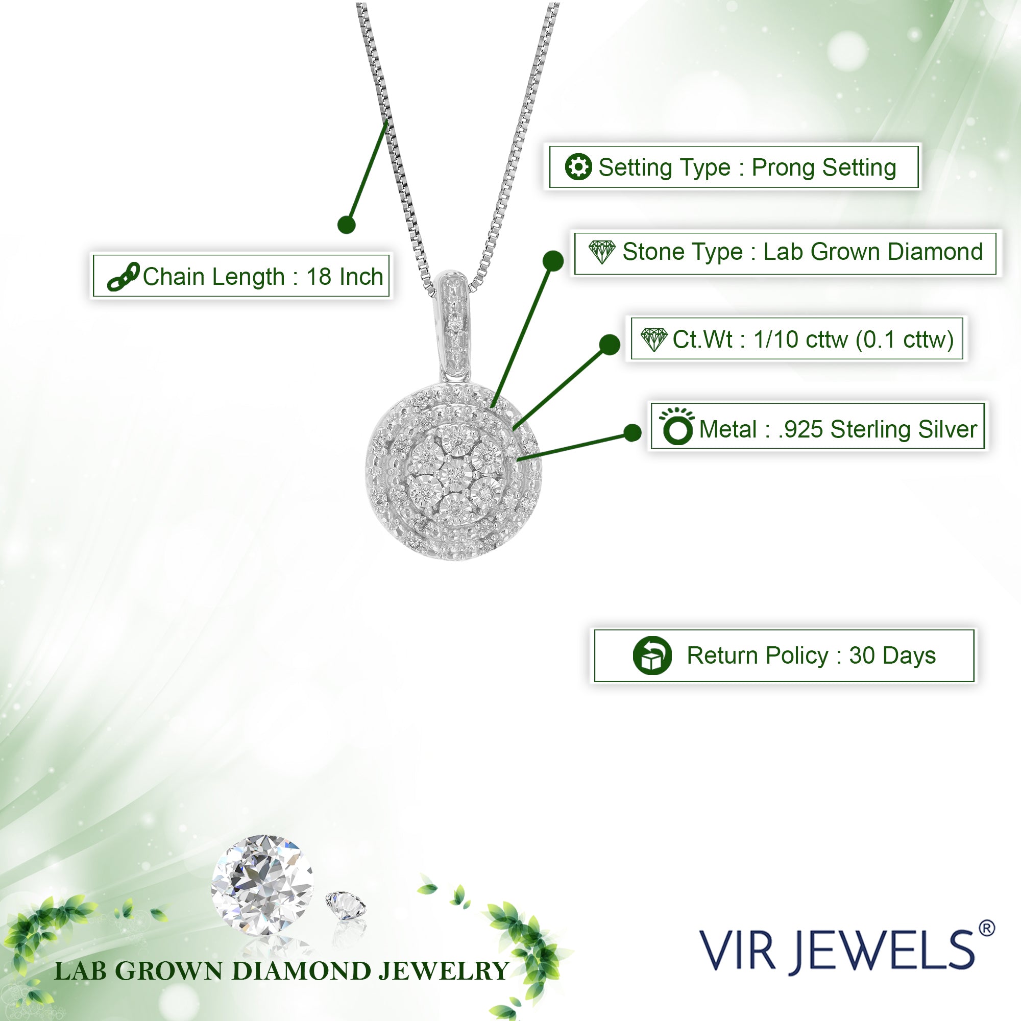 1/10 cttw Diamond Pendant Necklace for Women, Lab Grown Diamond Round Pendant Necklace in .925 Sterling Silver with Chain, Size 3/4 Inch