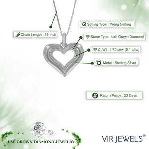 1/10 cttw Diamond Pendant Necklace for Women, Lab Grown Diamond Heart Pendant Necklace in .925 Sterling Silver with Chain, Size 3/4 Inch