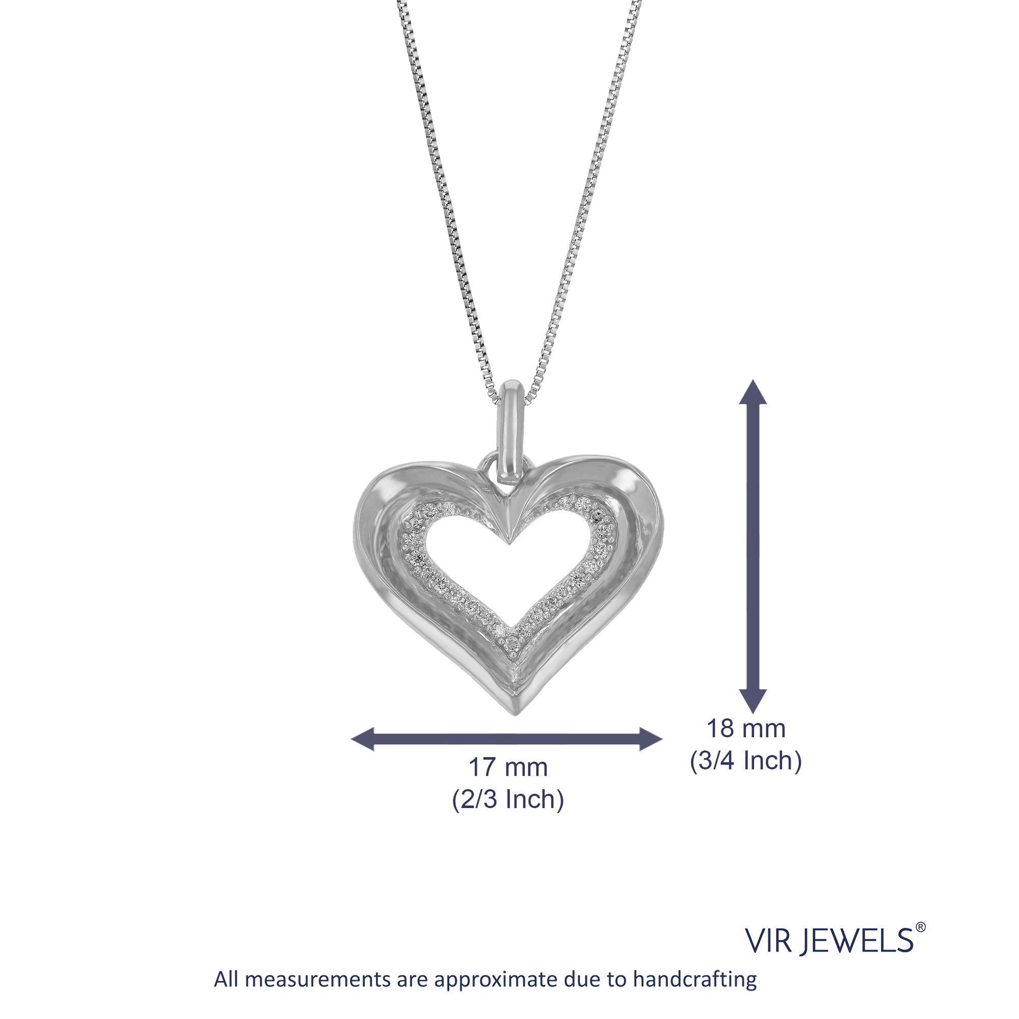 1/10 cttw Diamond Pendant Necklace for Women, Lab Grown Diamond Heart Pendant Necklace in .925 Sterling Silver with Chain, Size 3/4 Inch
