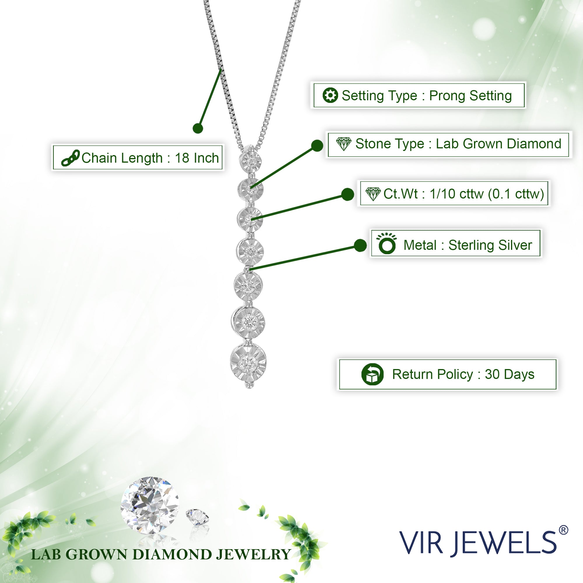1/10 cttw Diamond Pendant Necklace for Women, Lab Grown Diamond Drop Pendant Necklace in .925 Sterling Silver with Chain, Size 1 Inch