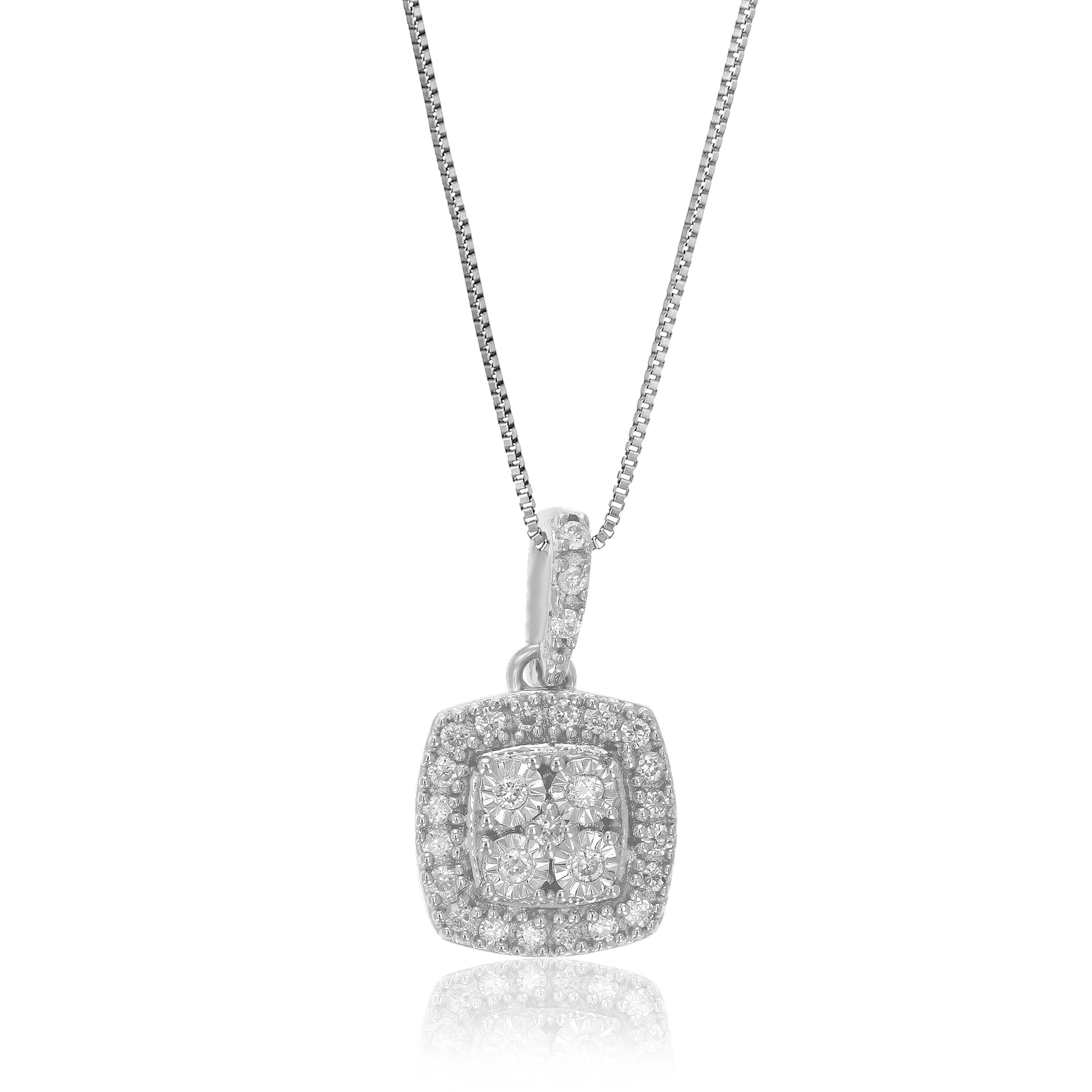 1/10 cttw Diamond Pendant Necklace for Women, Lab Grown Diamond Square Pendant Necklace in .925 Sterling Silver with Chain, Size 1/2 Inch