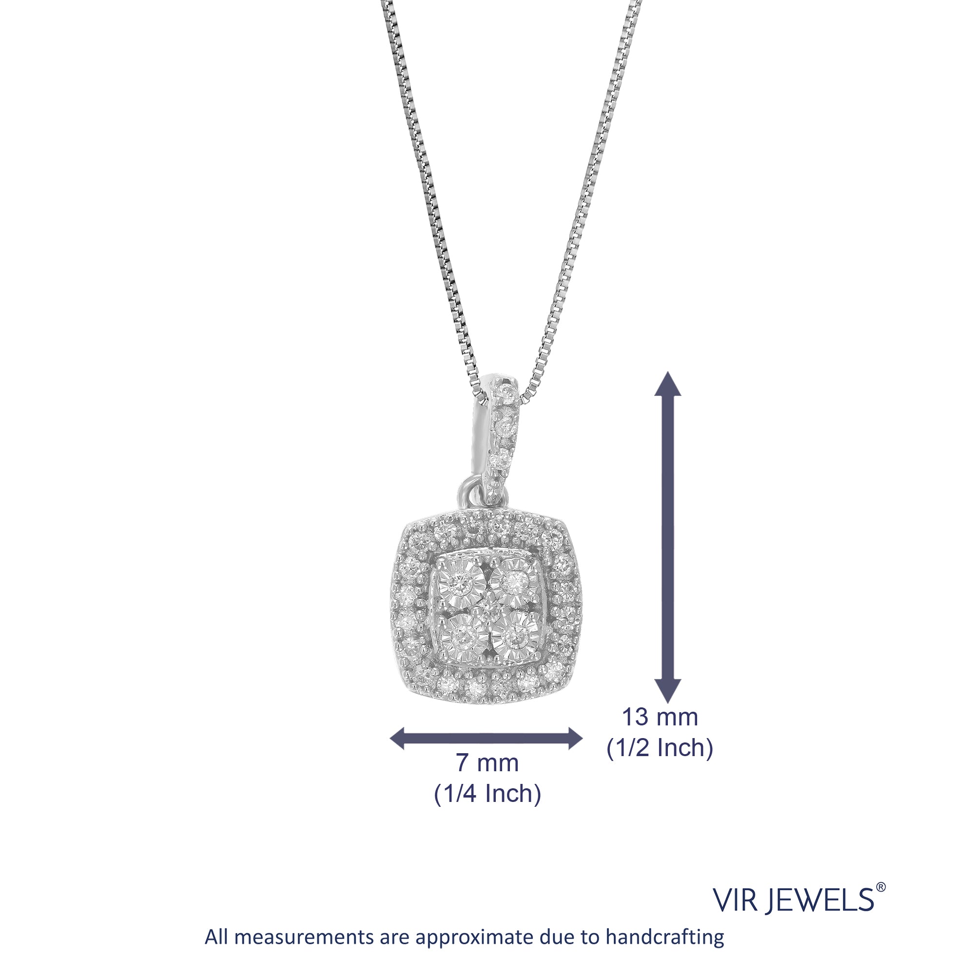 1/10 cttw Diamond Pendant Necklace for Women, Lab Grown Diamond Square Pendant Necklace in .925 Sterling Silver with Chain, Size 1/2 Inch