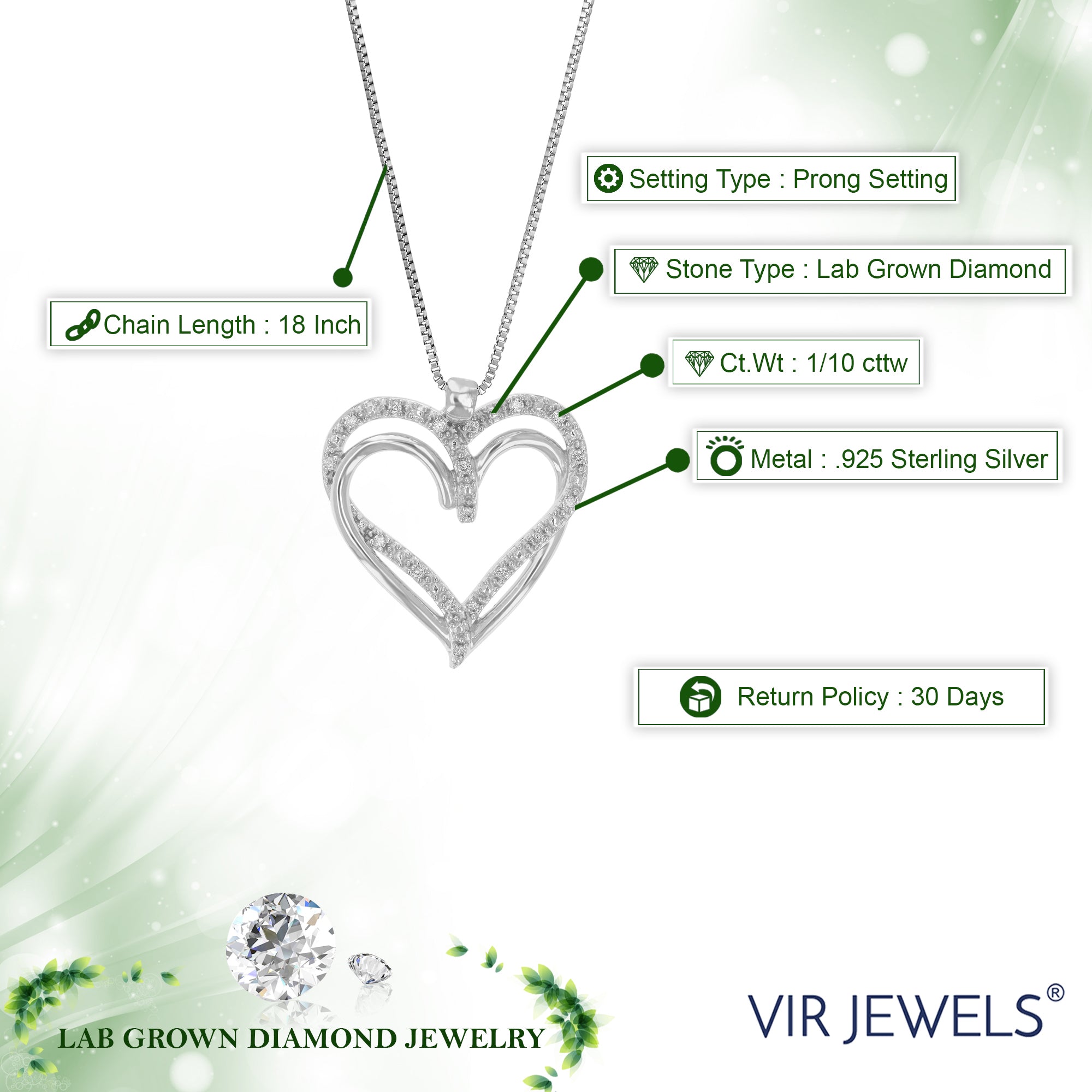 1/10 cttw Diamond Pendant Necklace for Women, Lab Grown Diamond Heart Pendant Necklace in .925 Sterling Silver with Chain, Size 1 Inch
