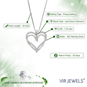 1/10 cttw Diamond Pendant Necklace for Women, Lab Grown Diamond Heart Pendant Necklace in .925 Sterling Silver with Chain, Size 1 Inch