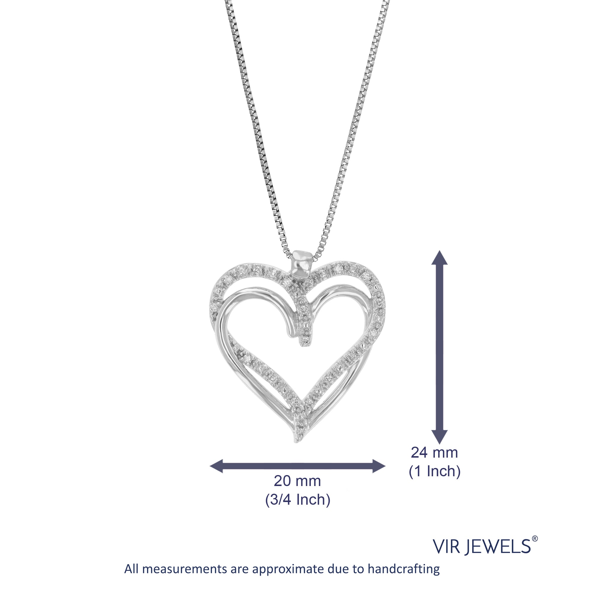 1/10 cttw Diamond Pendant Necklace for Women, Lab Grown Diamond Heart Pendant Necklace in .925 Sterling Silver with Chain, Size 1 Inch