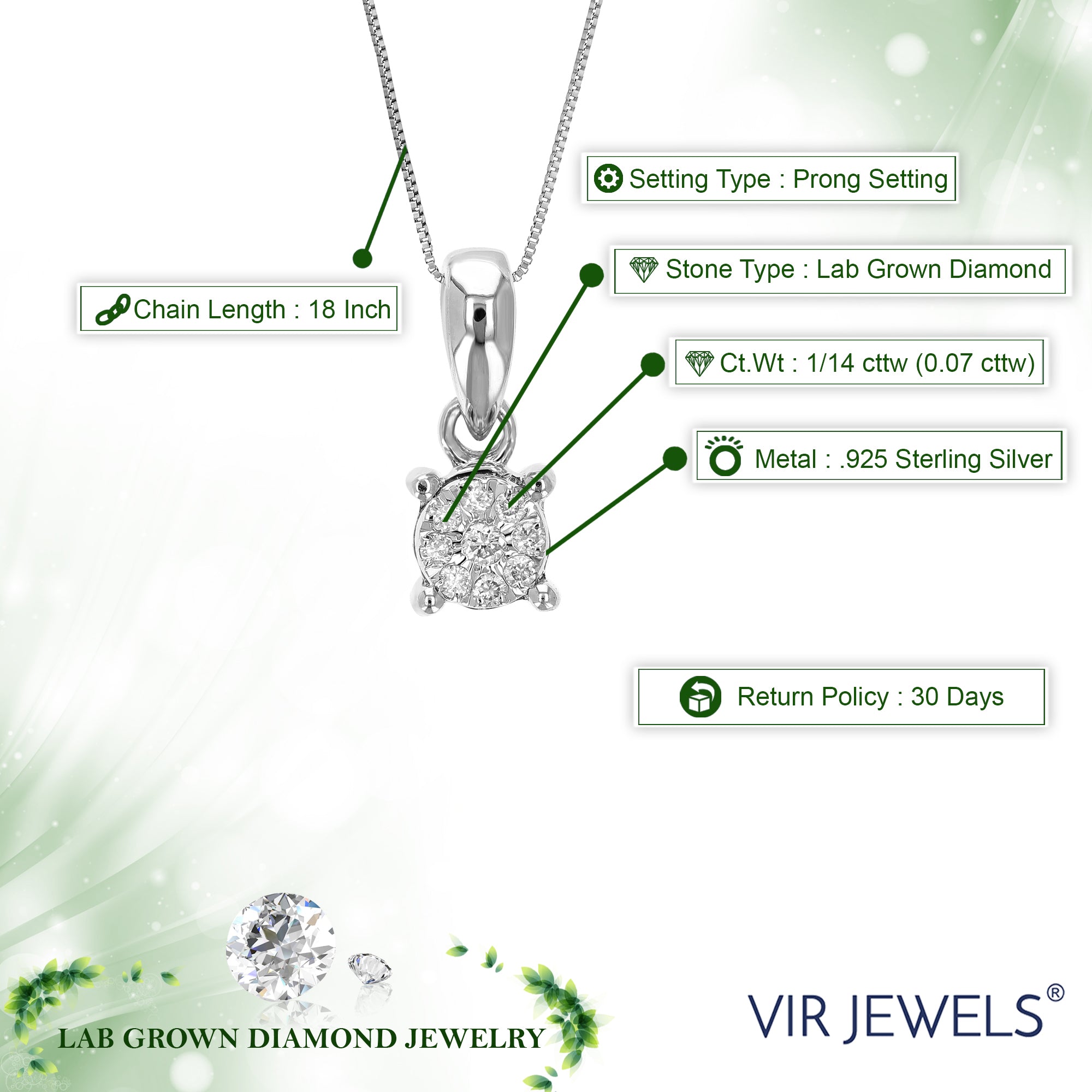 1/14 cttw Lab Grown Diamond Fashion Pendant Necklace .925 Sterling Silver 1/5 Inch with 18 Inch Chain, Size 1/3 Inch
