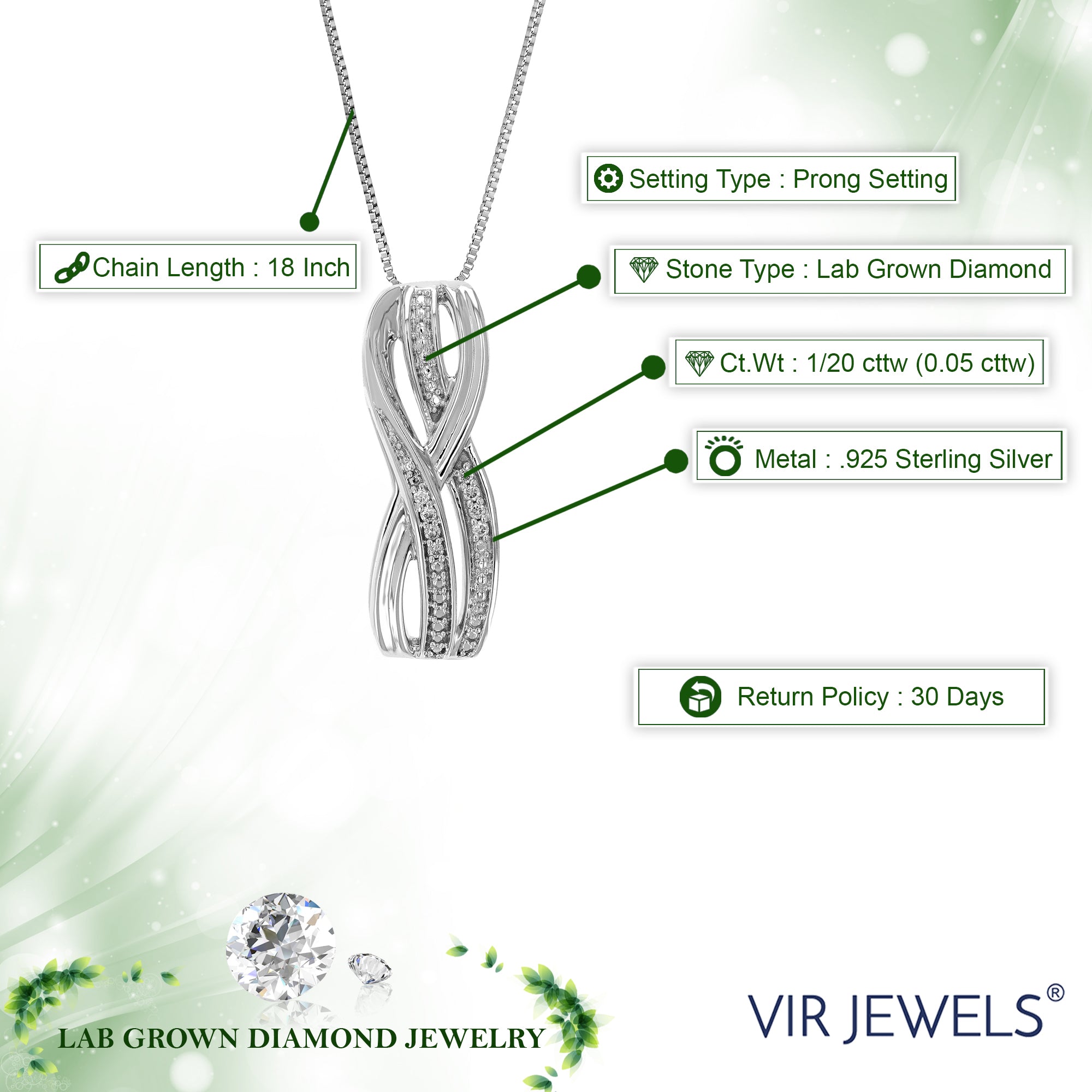 1/20 cttw Lab Grown Diamond Fashion Pendant Necklace .925 Sterling Silver 1/3 Inch with 18 Inch Chain, Size 1 Inch