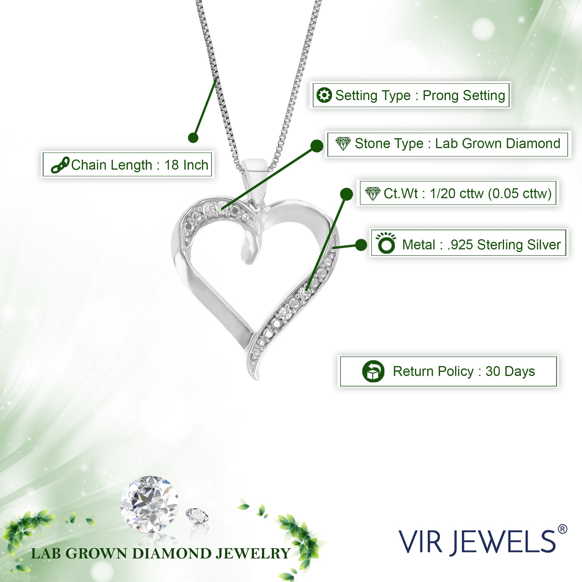 1/20 cttw Diamond Pendant Necklace for Women, Lab Grown Diamond Heart Pendant Necklace in .925 Sterling Silver with Chain, Size 1 Inch