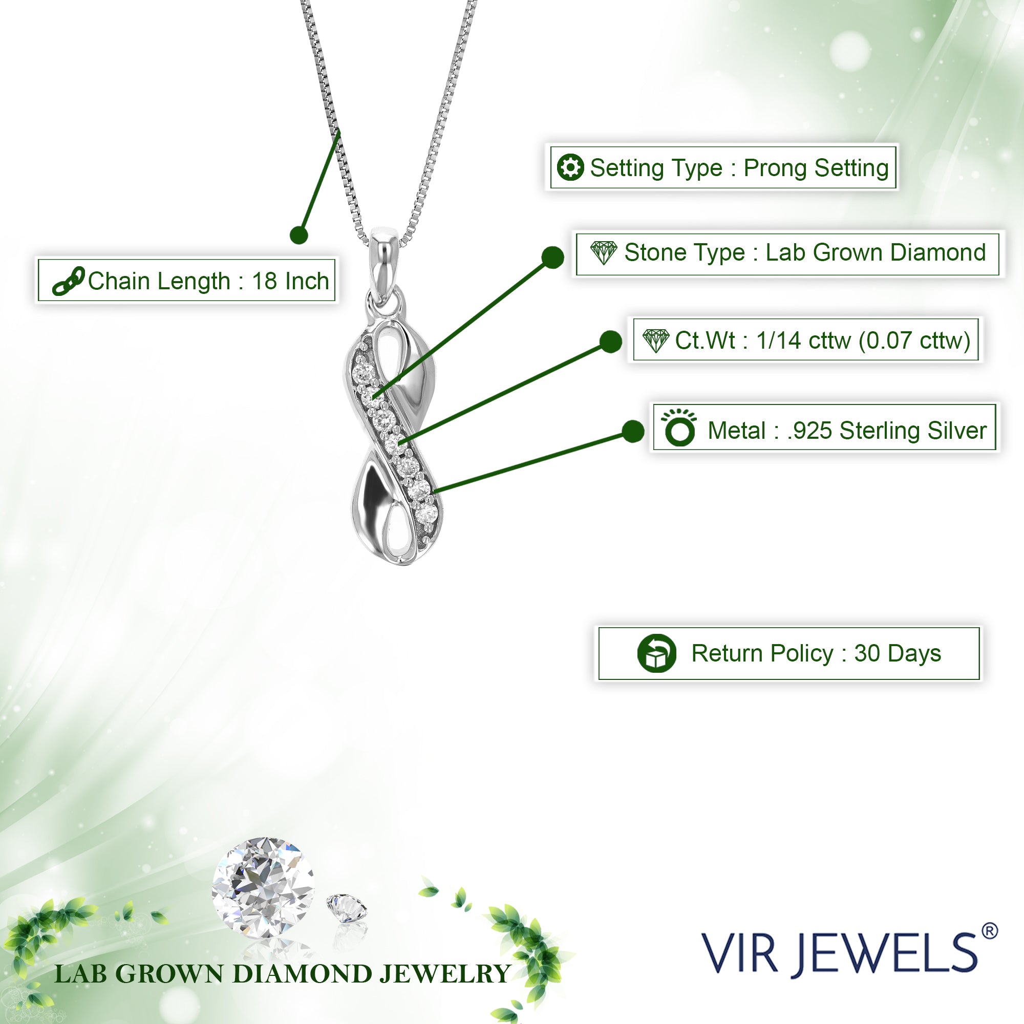 1/14 cttw Lab Grown Diamond Infinity Pendant Necklace .925 Sterling Silver 1/5 Inch with 18 Inch Chain, Size 3/4 Inch