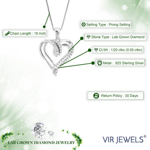 1/20 cttw Diamond Pendant Necklace for Women, Lab Grown Diamond Heart Pendant Necklace in .925 Sterling Silver with Chain, Size 1 Inch