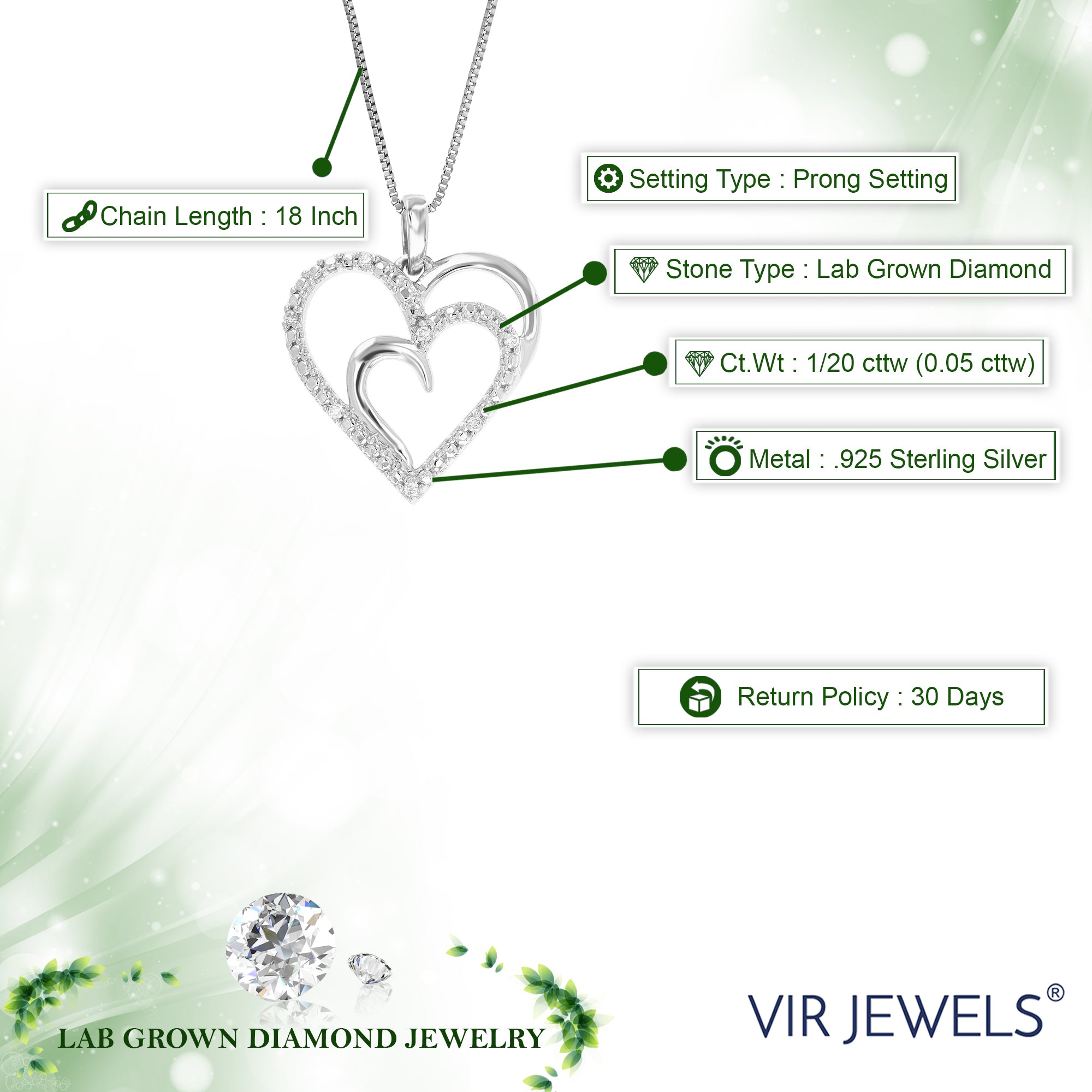 1/20 cttw Diamond Pendant Necklace for Women, Lab Grown Diamond Heart Pendant Necklace in .925 Sterling Silver with Chain, Size 3/4 Inch